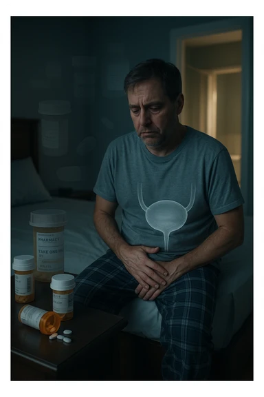 A middle-aged man sits on the edge of his bed in a dimly lit bedroom, looking exhausted and frustrated. On the nightstand beside him are several prescription pill bottles, loosely organized, some open — suggesting long-term medication use. In the background, the bathroom door glows softly, partially open, with a faint reflection of the toilet visible, indicating frequent nighttime trips. The man wears a loose T-shirt and pajama pants, his posture slightly curved as he gently touches his lower abdomen, symbolizing bladder discomfort. His eyes have dark circles, his expression is drained. The color palette is muted blues and greys, with a cinematic soft focus and ambient light highlighting emotional fatigue. A subtle overlay of pill labels and bladder imagery could be added for educational use. sticker