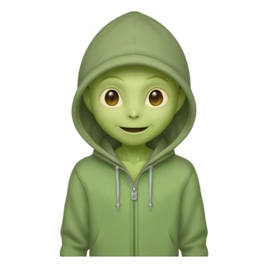 happy green alien in gray hoodie full height, wear hoodie hat sticker