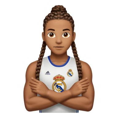 Make raphinha strong with cornrows and buff holding a the real madrid logo in between hid hands sticker