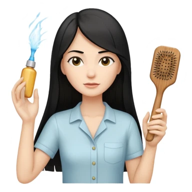 A white woman with long, straight black hair, wearing an ivory-colored shirt, holding a small square wooden paddle hairbrush in her left hand and spraying a hair mist bottle with her right hand toward her hair. sticker