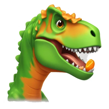 Bright green cartoon T-Rex, facing to the right, with an open mouth and orange frills along the back. The head, neck, and arms should be visible sticker