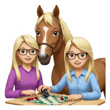 je voudrai un emoji d'une fille aux cheveux longs et blonds avec des lunettes qui fait plein de choses droles (1 avec un cheval, 1 derrière un écran ou une console, une entrain de découper, une entrain de faire un jeu de société, une qui cuisine, sticker