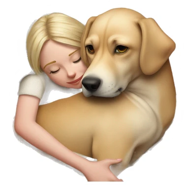 Dog laying on a knitted red blanket and he is snuggling. with a girl that’s blonde sticker