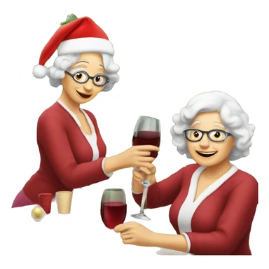 2 older ladies putting ornaments on a Christmas tree and drinking wine sticker
