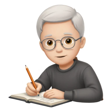 boy ,drawing pic of grandpa on the notebook, characoal sticker