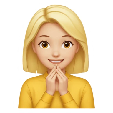 yellow smiling face girl with both hands under chin fingers touching sticker