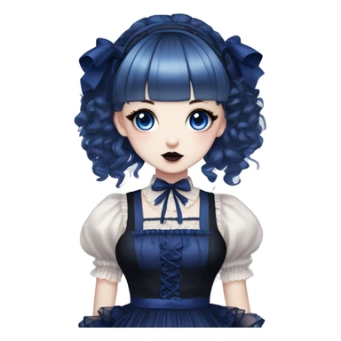 Japanese pale woman with Dark Blue curly pigtails and bangs, royal blue lips and eyeshadow, long eyelashes, blue eyes, black Lolita dress with laces and ribbons, gothic Lolita doll look sticker
