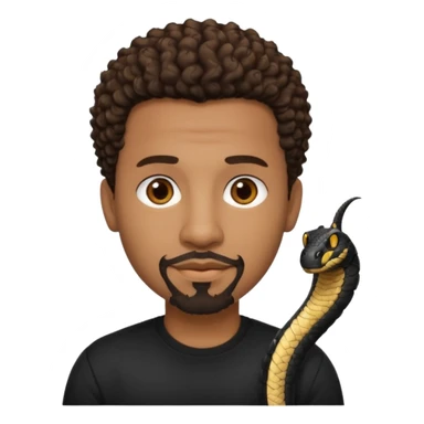 Homme noir, yeux marron avec un bouc menton, cheveux court et bouclé crépus avec un dégradé sur le côté, avec un cobra à côté , t-shirt noir  sticker