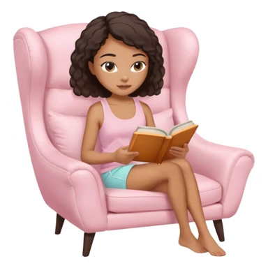 Mixed-race woman with caramel skin, wearing a light pink tank top and white shorts, reading a book in a cozy pastel-toned chair sticker