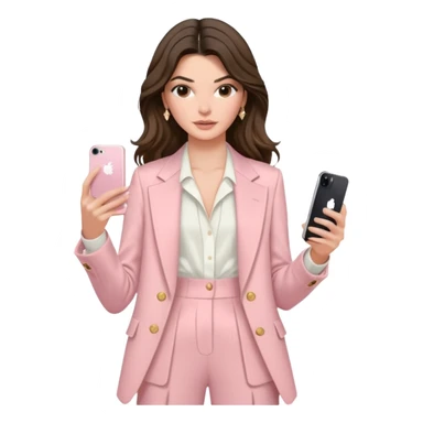 pale skin Kendall Jenner with dark blonde wavy long Hair, light pink Spacious classical jacket, light pink palazzo Arrow pants and white blouse holding white IPhone 15 pro in the hands sticker