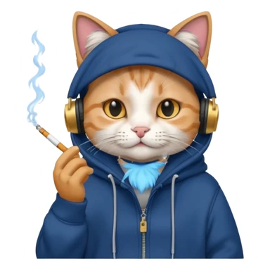 cat in headphones, in a dark-blue oversized hoodie with a cigarette in his hand  sticker