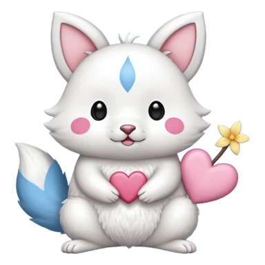 GENERATE ME A MOMONGA WHITE ANIMAL  FROM CHIIKAWA AND PUT A SAKURA FLOWER ON HIS HEAD AND A STAR PELT ON HIS BELLY AND A HEART PURSE ON HIS ARM WITH HIS FACE MAKE HIS TOUNGE STICK OUT WITH A LITTLEPINCH OFDROOL AND MAKE HIM ANIME STYLED ART GIVE HIM A BIG BLUE FLUFFY TAIL JUST TAIL sticker