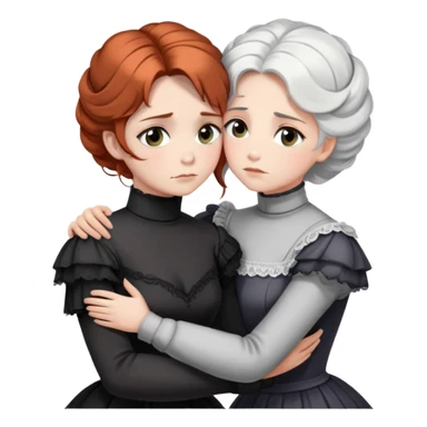 Two Victorian women with grey eyes in a sad, intimate hug. One has bright white coiffed hair, one has dark copper coiffed hair. Both wearing Victorian turtleneck dresses with arms tightly around each other. sticker