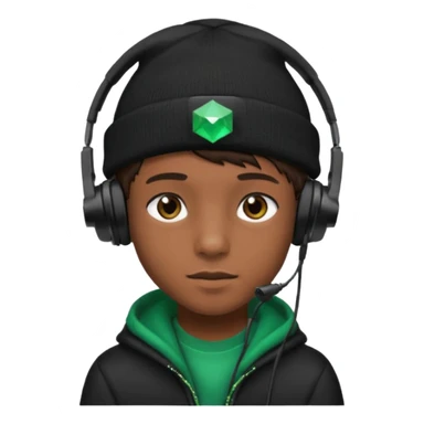 garcon avec un bonnet noir avec un emeraude dessus et un casque gaming sticker