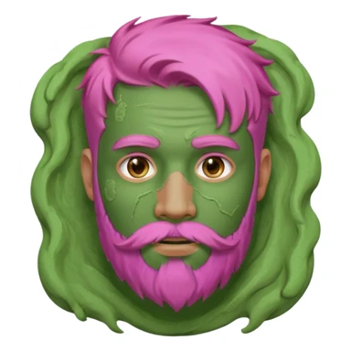 pink haired man with full full face dirty messy green clay mask and beard sticker