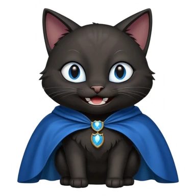 an all black anthropomorphic cat with blue eyes wears an all black cape and is smiling a mischievous sharp tooth grin sticker