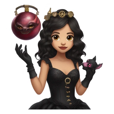 healthy standing flirty Lavish black evening gown with see-through gloves, Jenna Ortega as Addams woman wearing a steampunk mini tiara, very large blood moon pink evil-looking horned old dragon purse sticker