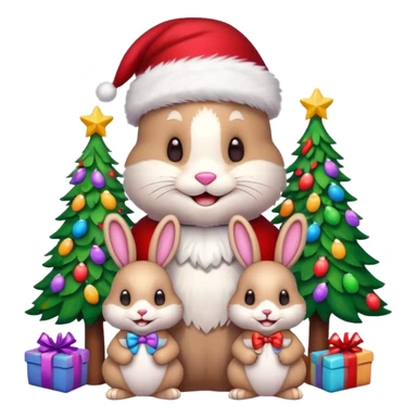 Smiling multi-colored Bunny friends with Santa hats sitting by brightly lit colorful Christmas trees and candy canes 🎁  sticker