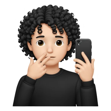A circular black and white emoji in which a boy is hiding his face with his fingers white taking the selfie and his hair are curly sticker