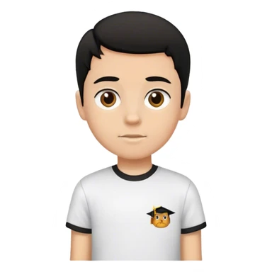 white boy, a little bit brown, black hair, wearing a school T-shirt sticker