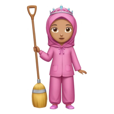 Full body girl caramel skin wearing pink hijab a pyjama set and a tiara on top of her head she is standing holding a broom sticker