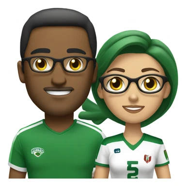 A couple, the man and woman are white, the woman is paler than the man.
The man has short black hair and is wearing a Turkey football shirt.
The woman is blonde with long hair and green eyes. She wears glasses and an Algerian football shirt. sticker