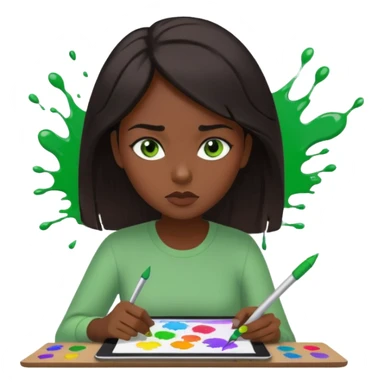 emoji holding and drawing on tablet using a stylus, looking down at screen in frustration, female, dark hair, green eyes, screen slightly visible with splashes of color like a paint palette  sticker