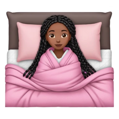 A dark-skinned Black woman with black box braids, lying on her side in bed, wrapped in a blanket, resting on a pink pillow sticker