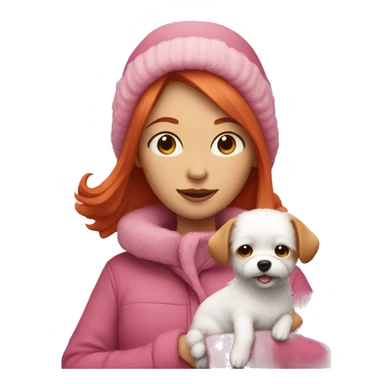 Woman with red hair wearing pink winter clothes holding a small white fluffy dog sticker