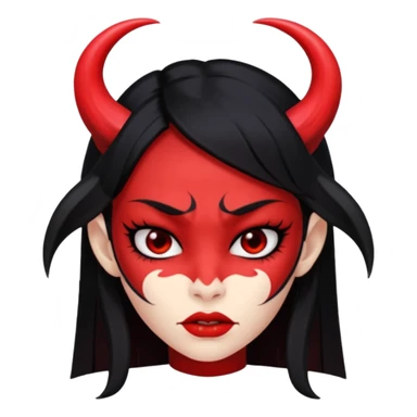Head only demon girl; face with pronounced cheekbones and angular jaw; skin is uniform pure red (#FF0000) everywhere; long straight smooth black hair; small horns sticker