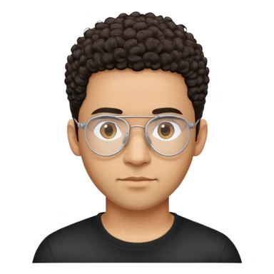 Light brown skinned Latino man with oval face, transparent aviator eyeglasses with thin metal frames, completely bald sides with extremely short dark curly hair only on crown, friendly neutral expression, casual black t-shirt sticker