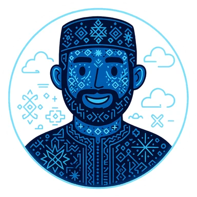 Add more prominent Algerian traditional patterns and motifs in a tech-inspired, minimalist style. Keep the avatar friendly and inside the glowing circular frame. Maintain a transparent background. The style should be tech-inspired minimalist with clear Algerian traditional patterns. sticker