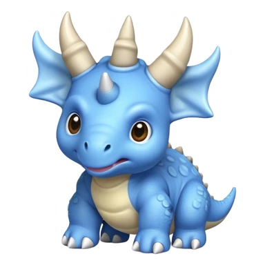 A small blue baby triceratops toy with stubby horns and a pacifier sticker