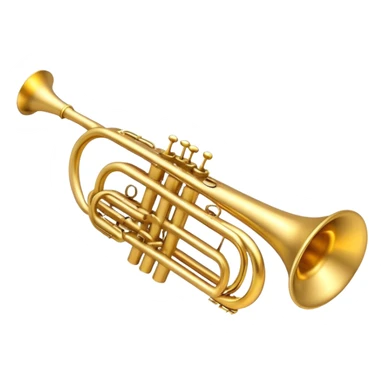 Create a sleek and professional emoji representing a Stomvi trumpet. The design should showcase the shiny, polished brass body of the trumpet with its distinct bell, valves, and tuning slides. Highlight the intricate keywork and the valve pistons, with detailed metallic accents and subtle reflections on the surface. The mouthpiece should be visible at the top of the instrument. Use golden and brass tones with light reflections to emphasize the smooth, high-quality finish. Add a few musical notes floating around the trumpet to evoke its bright and resonant sound. The background should be transparent. sticker