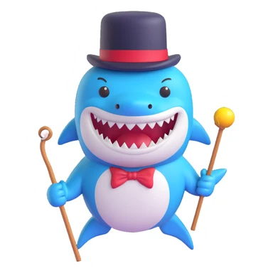Add a cane to the shark with a top hat, keep the playful 3D emoji style, no background. sticker
