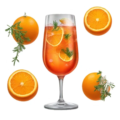 An Aperol spritz in a glass with ice, a strand of thyme in it, and a slice of an orange  sticker