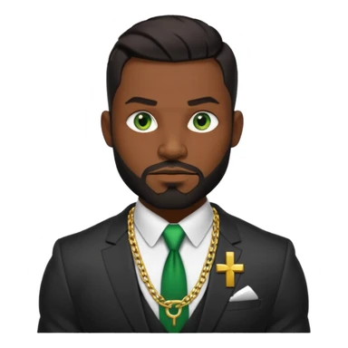green eyes, dark short hair, muscular shoulders, wide cross, gold chain, big lips big nose big eyes, masculine good looking, dark beard wearing a suit sticker