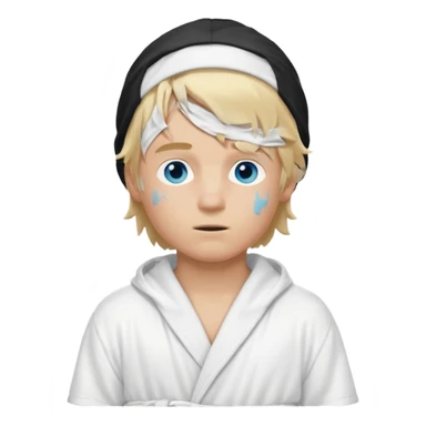 Create a blond boy with long, messy hair, light eyes, a white t-shirt, long hair, blue eyes, medium length, voluminous, wearing a white Nike bathrobe and a little blush near his nose. He also wears a balaclava, the kind a gangster balaclava wears, covering his entire face, and make him cute. sticker