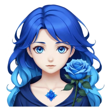 anime girl with dark blue hair, blue rose in hair, glowing blue eyes, Solo Leveling style, sharp features, blue magical aura, 2D emoji sticker