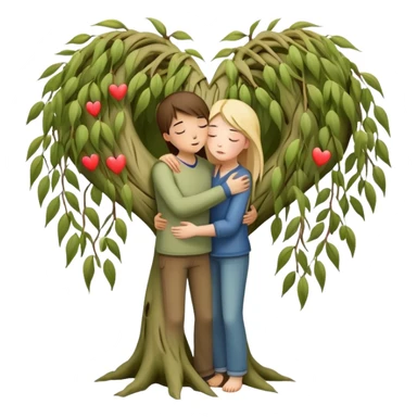 heart-shaped weeping willow tree surrounding two friends hugging in a comforting way, supportive embrace, with small heart symbol sticker