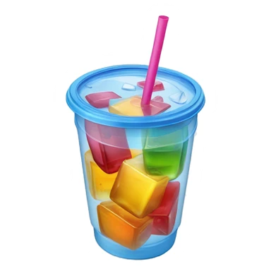 Realistic plastic cup and lid with juice and large ice cubes inside and colorful straw poked through the top of the lid. sticker
