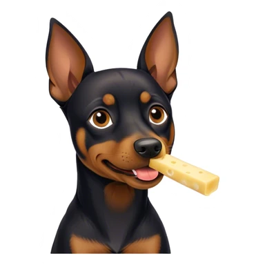 A black German pinscher eating with flappy ears a piece of string cheese sticker