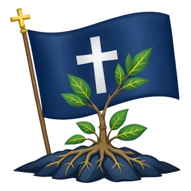 a flag with a Navy blue background with a white cross in the center, roots coming down from the bottom of the cross, a green leaf in the top right corner of the flag, and a slightly dark yellow star rising from behind the cross. sticker