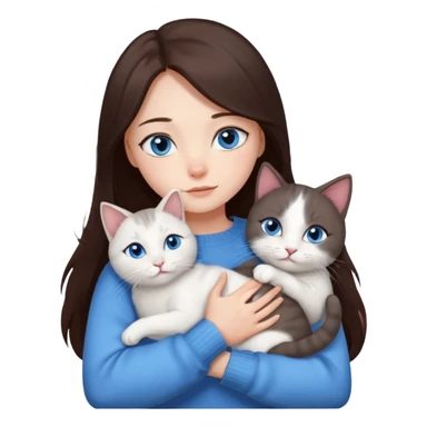 a girl with long dark 
brown hair, with blue eyes, in a
white sweater, hugs 3 different natural coloured cats sticker