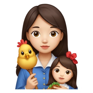 korean girl with long dark brown hair holding a chicken drumstick, cute emoji style sticker
