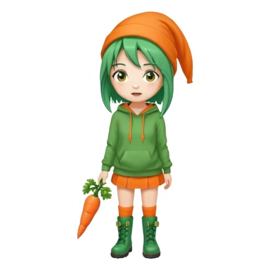 cute green-haired girl with orange eyes, wearing an orange hoodie, green skirt, orange knee socks, and green boots, with a small carrot accessory on her head, big expressive eyes, simple emoji face, round head, clean vector style sticker