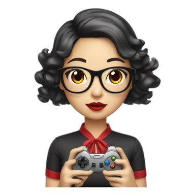 Asian girl with black wavy hair holding game controller wearing glasses red lips sticker
