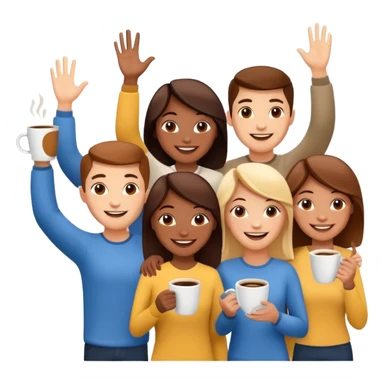 group of happy people waving with coffee cup and sun, expressing 'Good morning and happy Friday, team!' cheerful energy sticker
