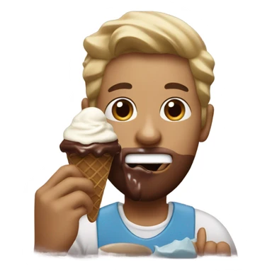 Guy eating ice cream with chocolate sauce on his face while watching football with a dog licking the spoon sticker