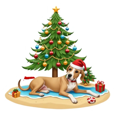 Fawn Great Dane laying on a tropical beach with a Christmas tree and dog bones under the tree sticker
